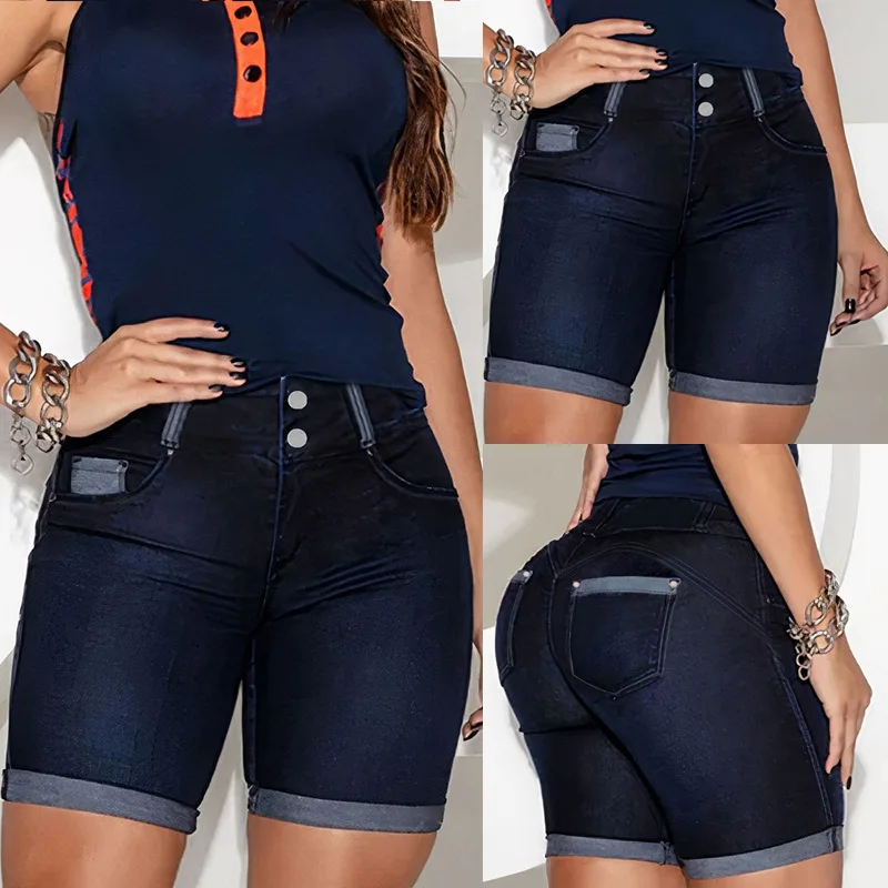 Women Jeans Sexy Sheath Shorts Washing Denim High Waist Slim Fit Zipper Fly Flat Spliced Summer Pockets Button Basics 2024