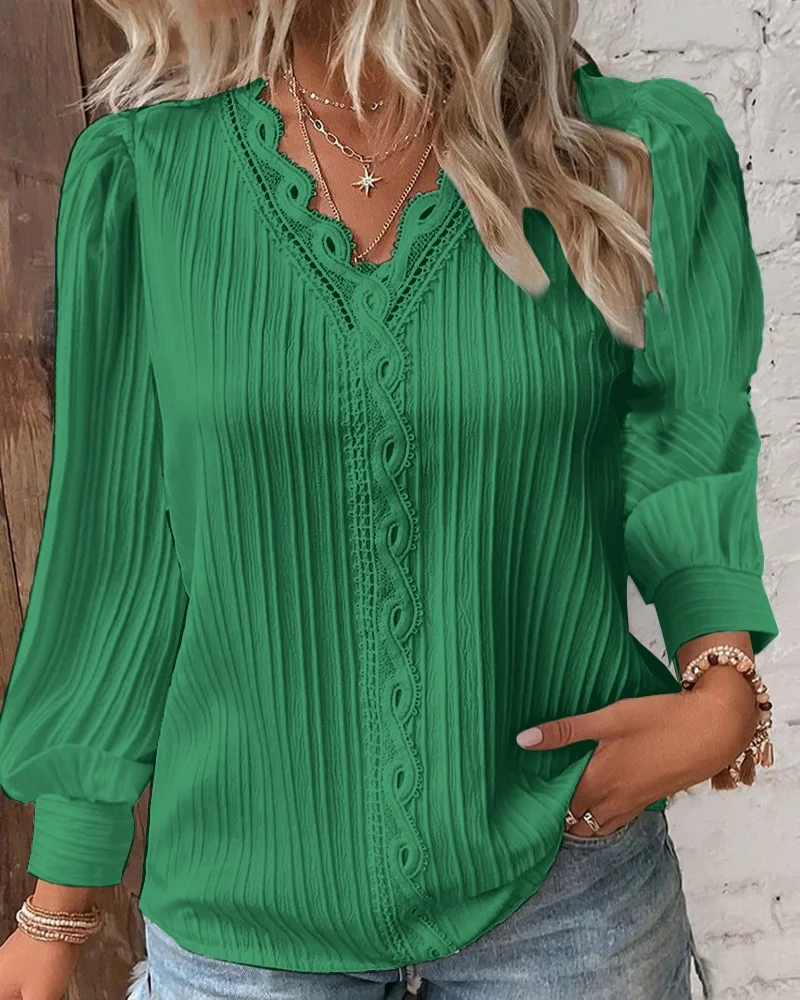 Elegant Summer Hollow Lace Patchwork Women Shirt Chic Blouse V Neck Long Sleeve Shirt Plain Lace Casual Basic Regular Tops