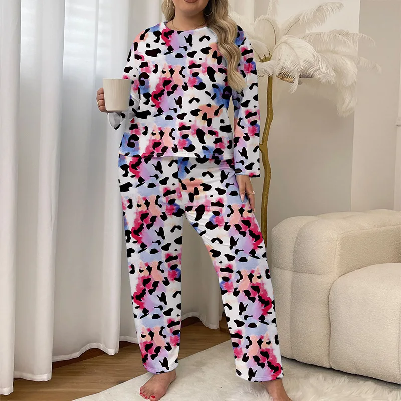 Autumn Women\'s Oversized Pyjama Set Crewneck Sweatshirt& Trousers Suit Bear Print Sleepwear Long-sleeved Nighties Loungewear 5XL