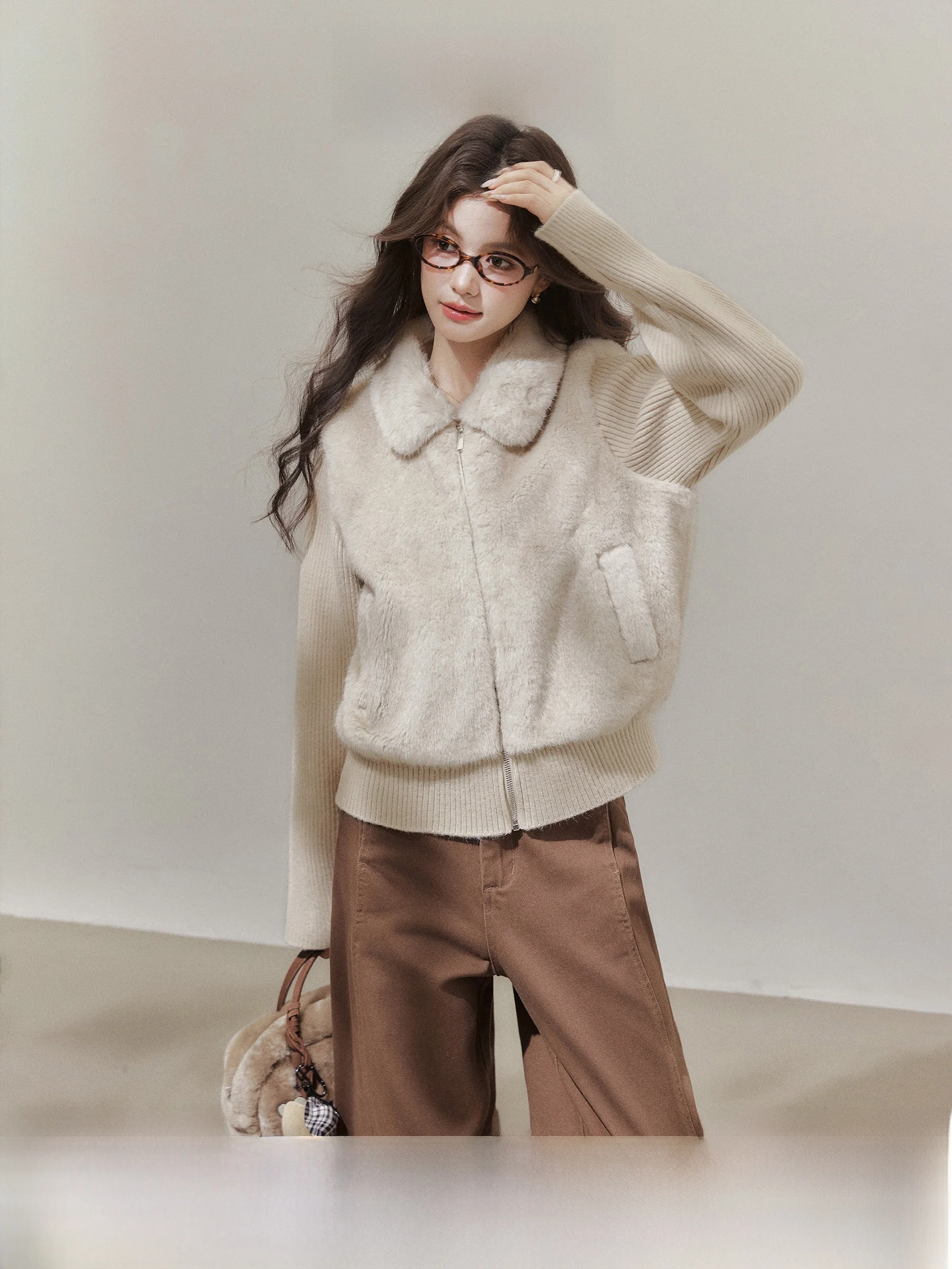 

Elegant Knitted Zipper Collar Fake Two-Piece Sweater Jacket Women's Autumn Winter Fashion Outerwear by Wang Ou Xixi
