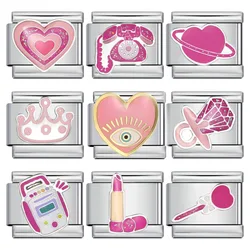 Women Pretty Fashion Pink Lipstick Lover Heart Italian Charms Links Fit 9mm Stainless Steel Bracelet Making Valentine's Day Gift