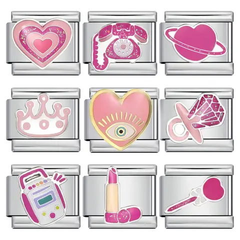 Women Pretty Fashion Pink Lipstick Lover Heart Italian Charms Links Fit 9mm Stainless Steel Bracelet Making Valentine's Day Gift