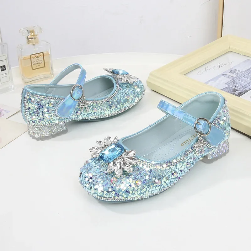 Bambini ragazze tacchi alti bambine calzature da principessa in pelle di cristallo nuove feste per bambini, balli, scarpe con paillettes per