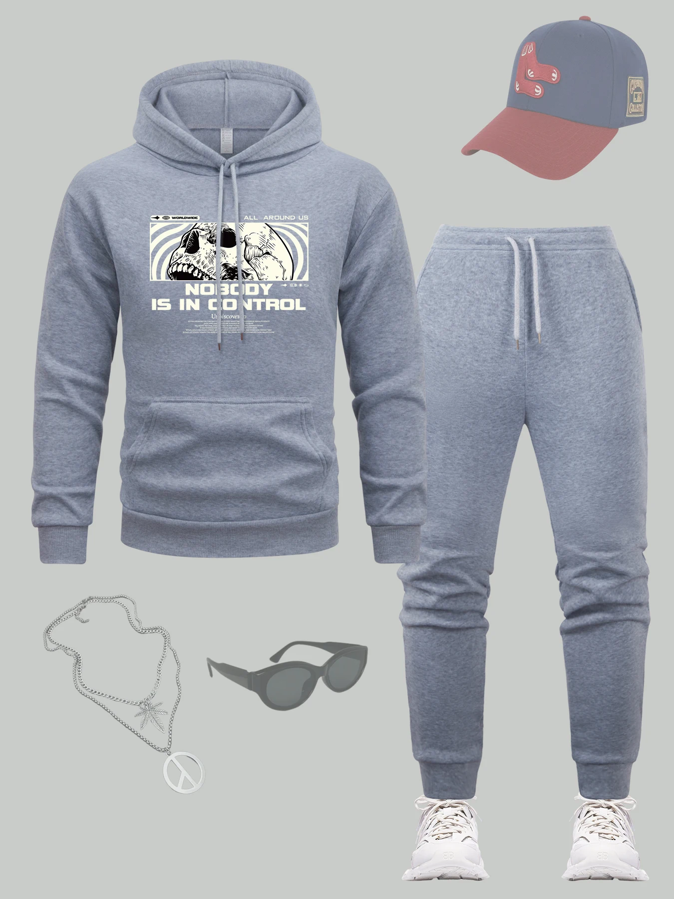 

Nobody Is In Control Skeleton Printed Men Hoodie Set All-Match Autumn Sweatpant Pocket Fleece Pullover Casual Sport Clothes Suit