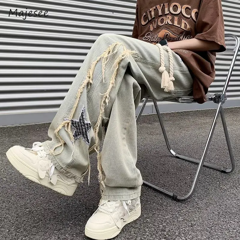 

Mens Jeans Youthful Vitality Retro Popular American Style Star Patchwork Raw Edge Drawstring Spring Autumn Teenagers Handsome