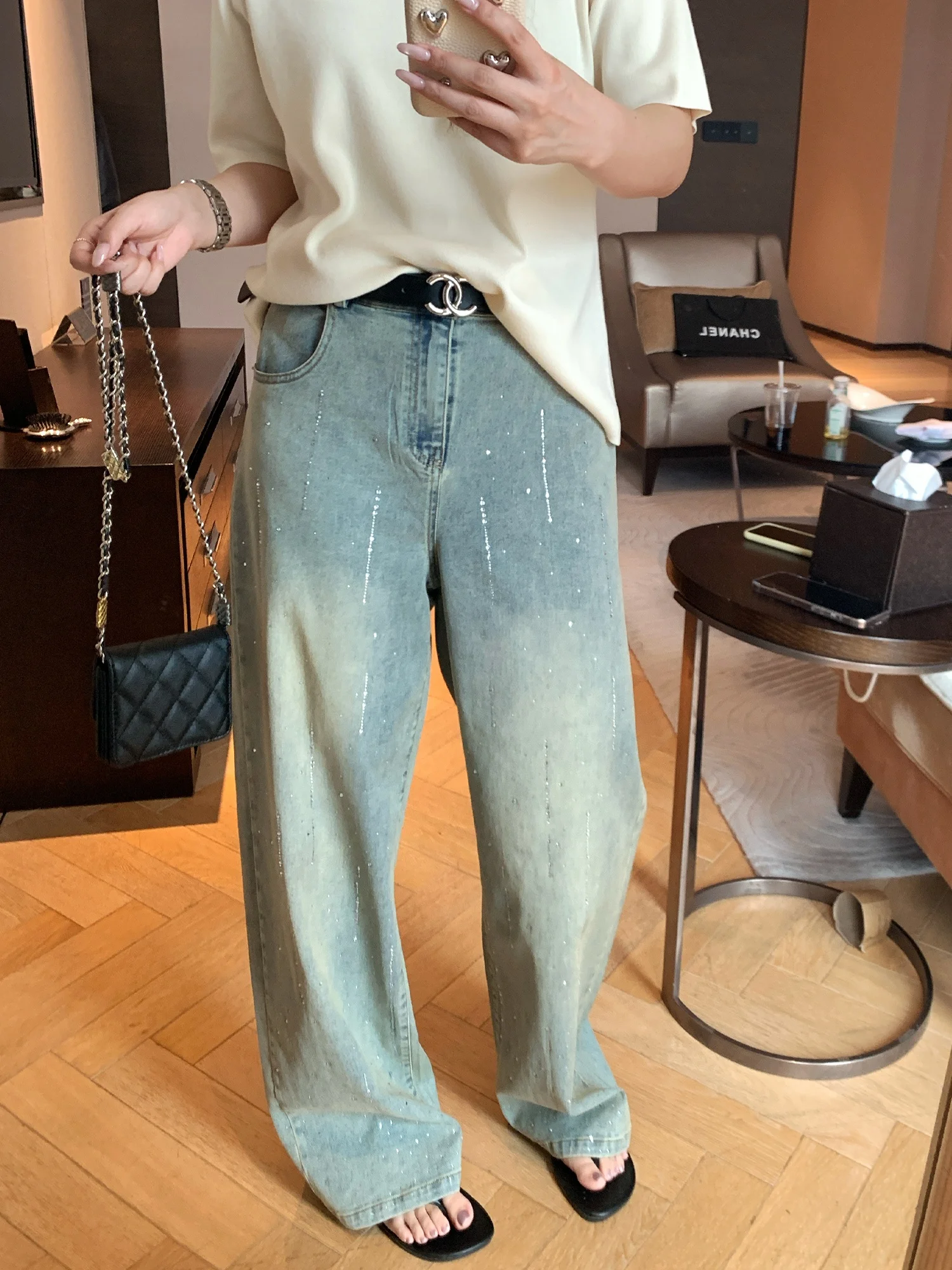 

NAZ Large Size Denim Wide Leg Pants Spring Cotton Polyester Blend Heavy Embroidery Meteor Shower Rhinestone Retro Women's Jeans
