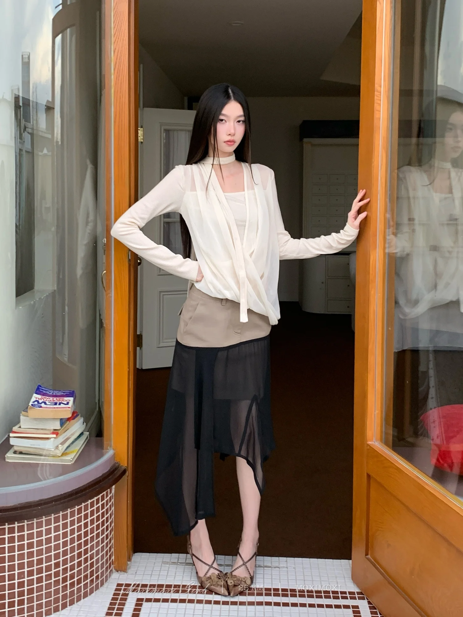 

MOXI Осенний бархатный вязаный топ Long Sve с накладкой Me, искусственный двухсекционный драпированный шерстяной топ с подвесным дизайном, женская одежда...