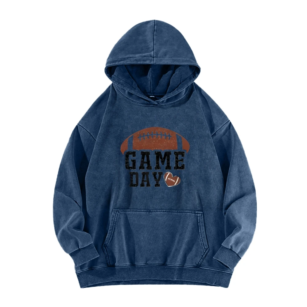 Game Day Rugby Football Casual Washed Hoodie Football Games Lover Sports Fans Unisex Pullovers Vintage Sweatshirt Top Women