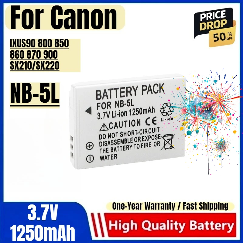 

NB-5L Battery 3.7V 1250mAh Rechargeable Batteries and Charger for Canon IXUS90 800 850 860 870 900 SX210/SX220 Camera Battery