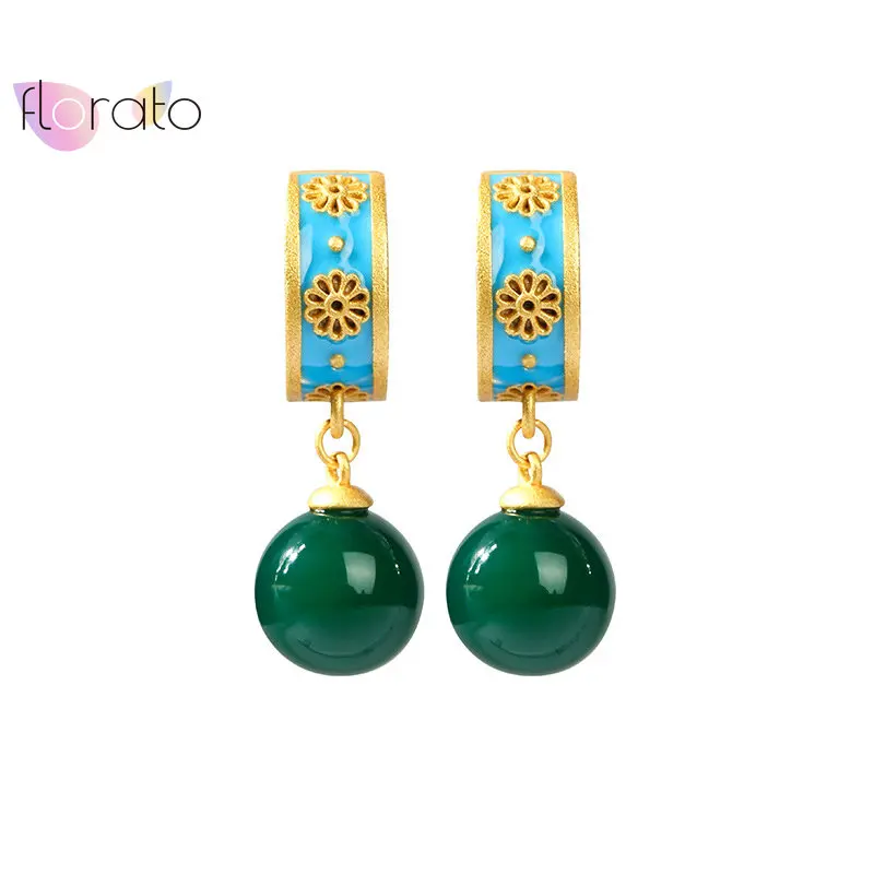 

925 Sterling Silver Needle Antique Gold Inlaid Chalcedony Stud Earring for Women Light Luxury Enamel Color Retro Earring Jewelry
