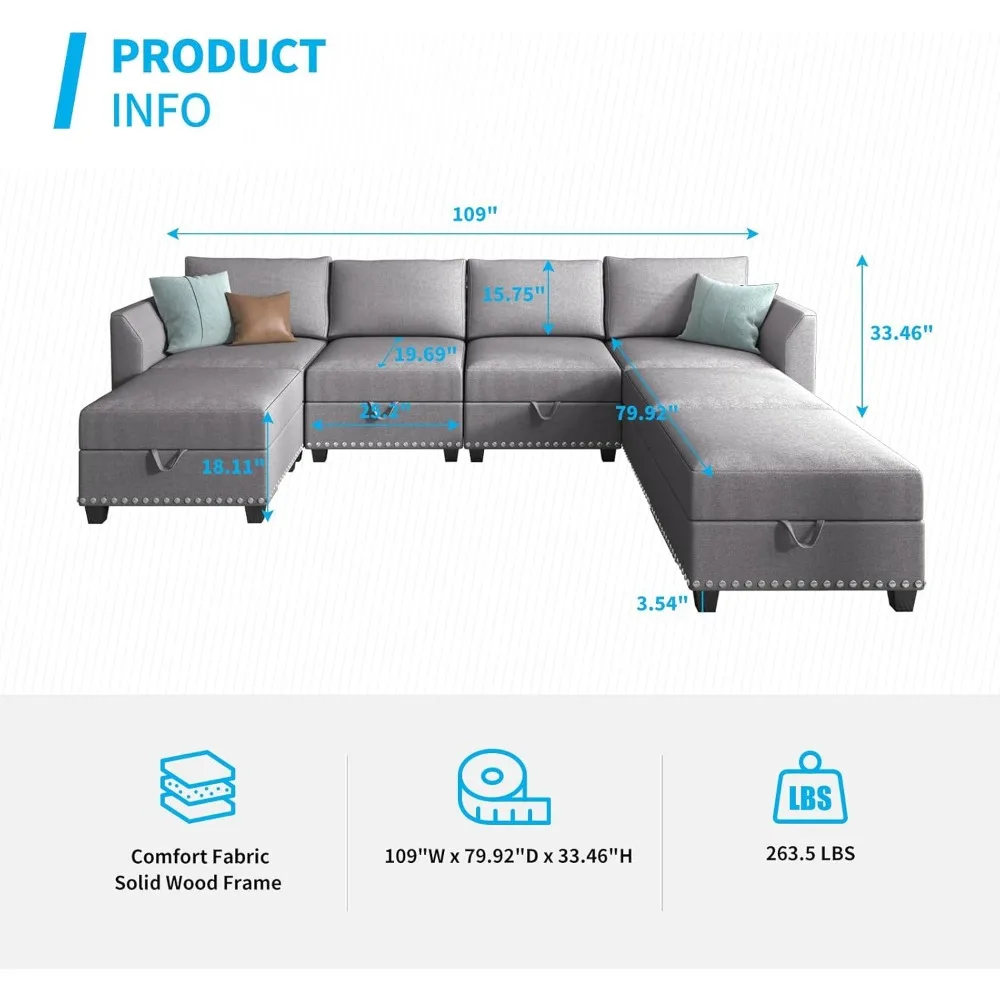 Modular Sectional Sofa,with Indidual Reversible Ottomans, with Storage,for Living Room, Office,7 Seaters Sectional Couch