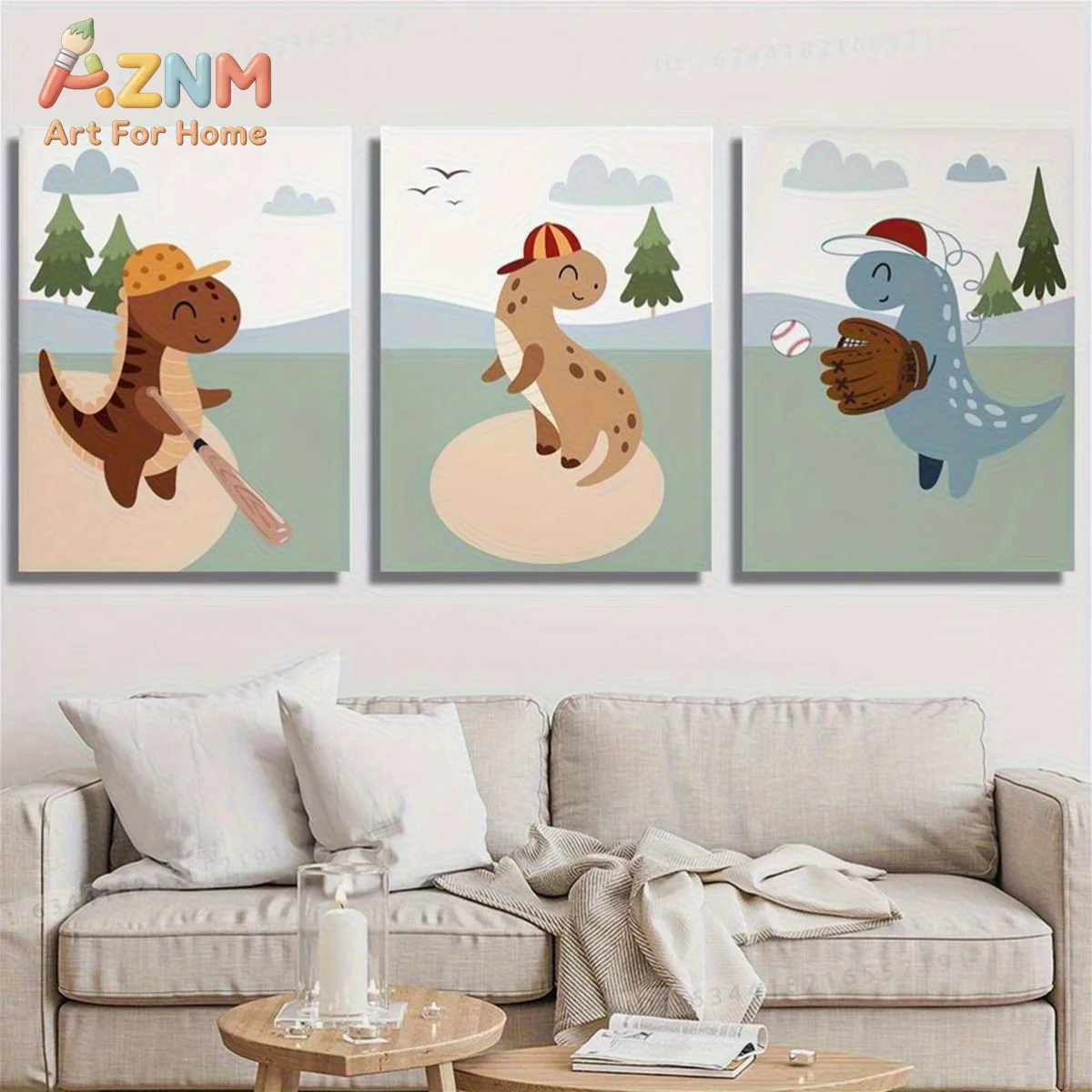 AZNM Sport Dinosaur Canvas Wall Art Cartoon Baseball Dino Tree Forest Frameless Canvas Painting Nursery Boys Room Home Decor Pos
