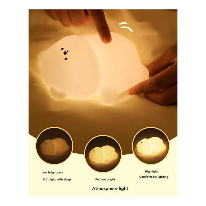 Silicone Lying Flat Bear LED Night Light Cute Animal Kids Night Lamp Touch Control USB Rechargeable Lamps For Kid