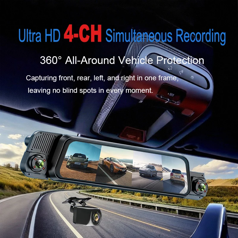 4K 4CH Streaming Dash Cam 24H Parking Monitor APP Control Night Vision Motion G Sensor Time Lapse Loop Recording