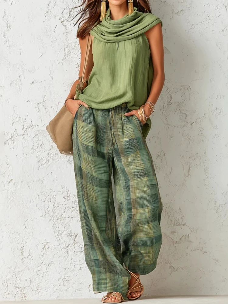 Nouvel ensemble d'été 2 pièces pour femme : haut sans manches décontracté en lin et coton de couleur unie avec pantalon large à carreaux