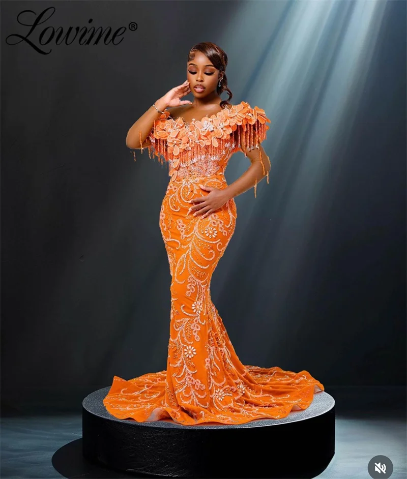 Elegante Oranje Zeemeermin Galajurken 2025, Plus Size Aangepaste Afrikaanse Avondjurken 3D Leafs Ontwerp Arabische Bruiloft Jurk