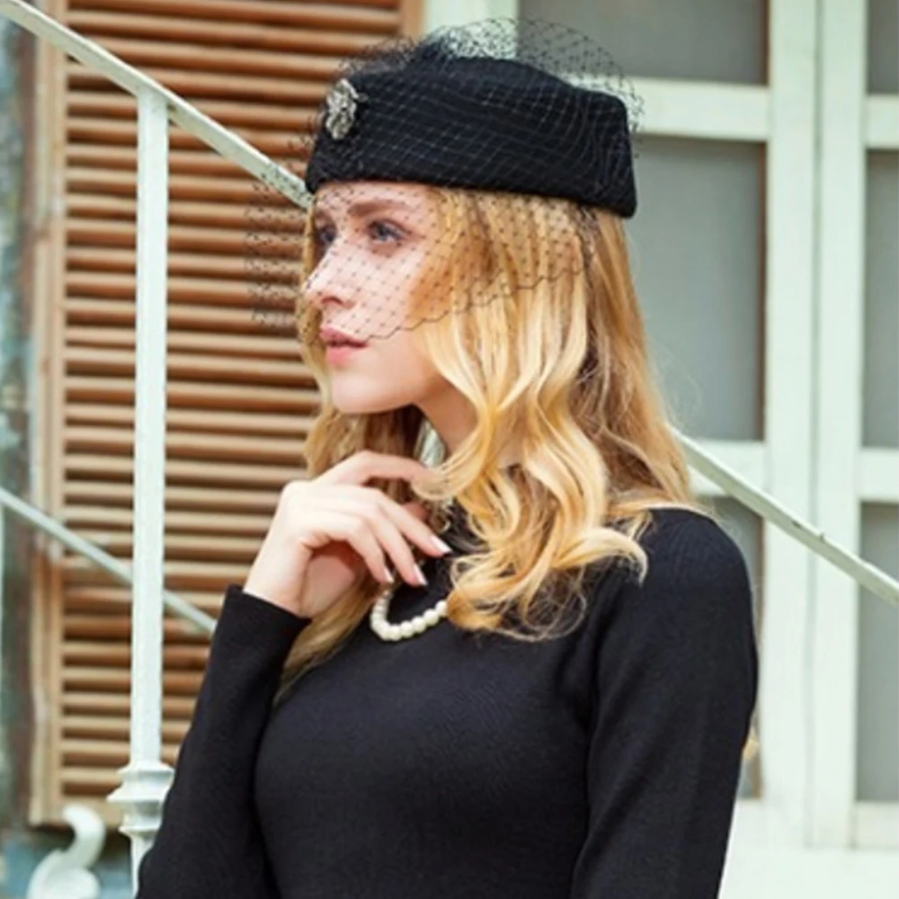 FS Wool Felt Chic Fascinator Hat For Women Ladies Cocktail Tea Party Dress Church Pillbox Hat With Veil Derby Hats