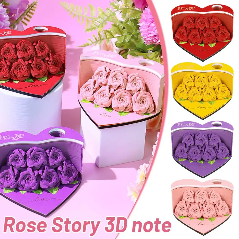 Valentine's Day Gift For Girlfriend Love Heart Shape Red Rose Flowers 3D Memo Pad Sticky Note Pad Girl Birthday Gift