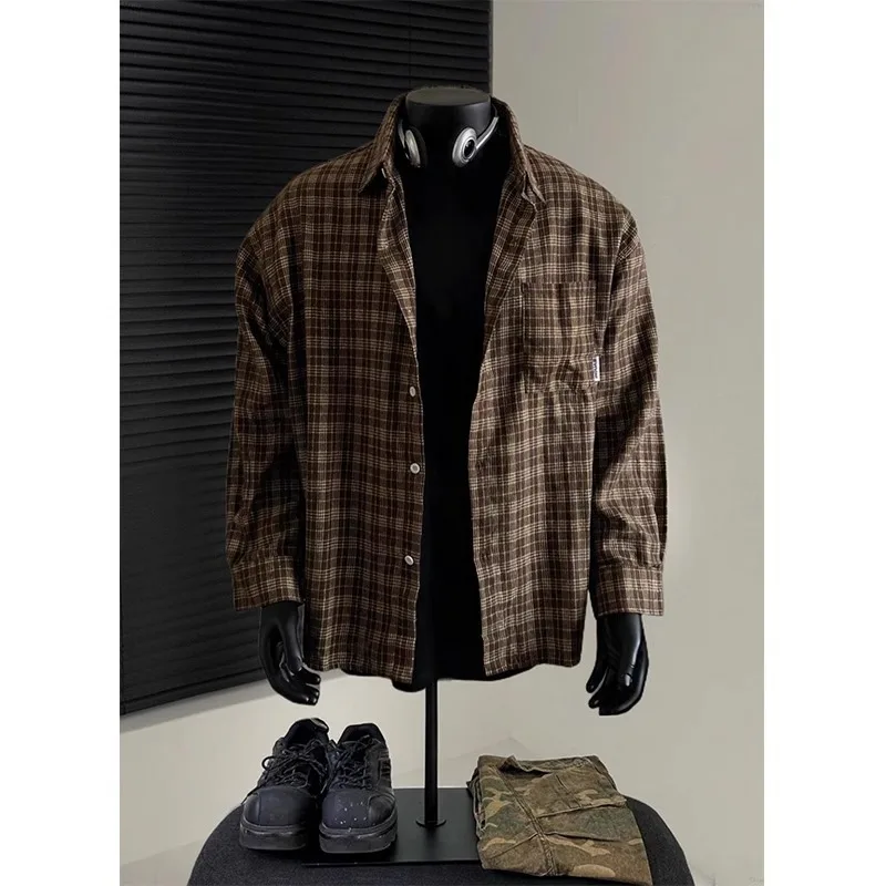 Spring Autumn Men's Cotton Plaid Breathable Turn Collar Brown Plaid Shirt Casual Comfortable Long Sleeve Inner Layer Jacket