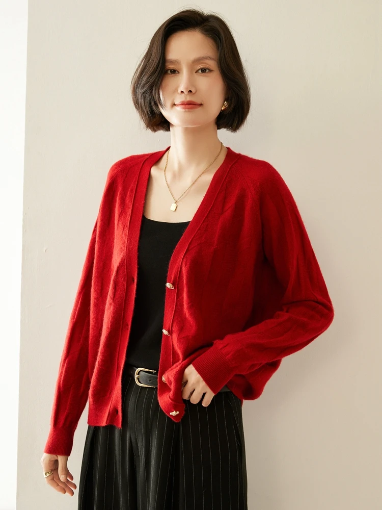 

Chic 100% Cashmere Knitwear Tops Women Cardigan V-neck Cashmere Sweater Autumn Winter Office Lady Long Sleeve Soft Knit Clothing