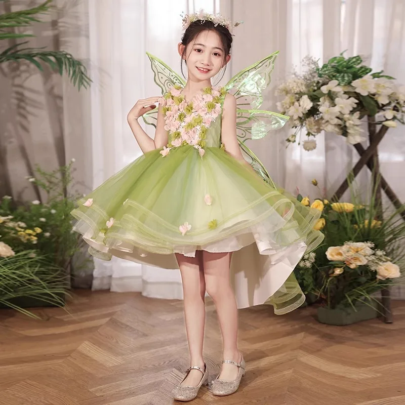 Girl Flower Fairy Evening Dress Sweet Cute Princess Dress Forest Style Lolita Dress Bow Wing Performance Costume Birthday Gift
