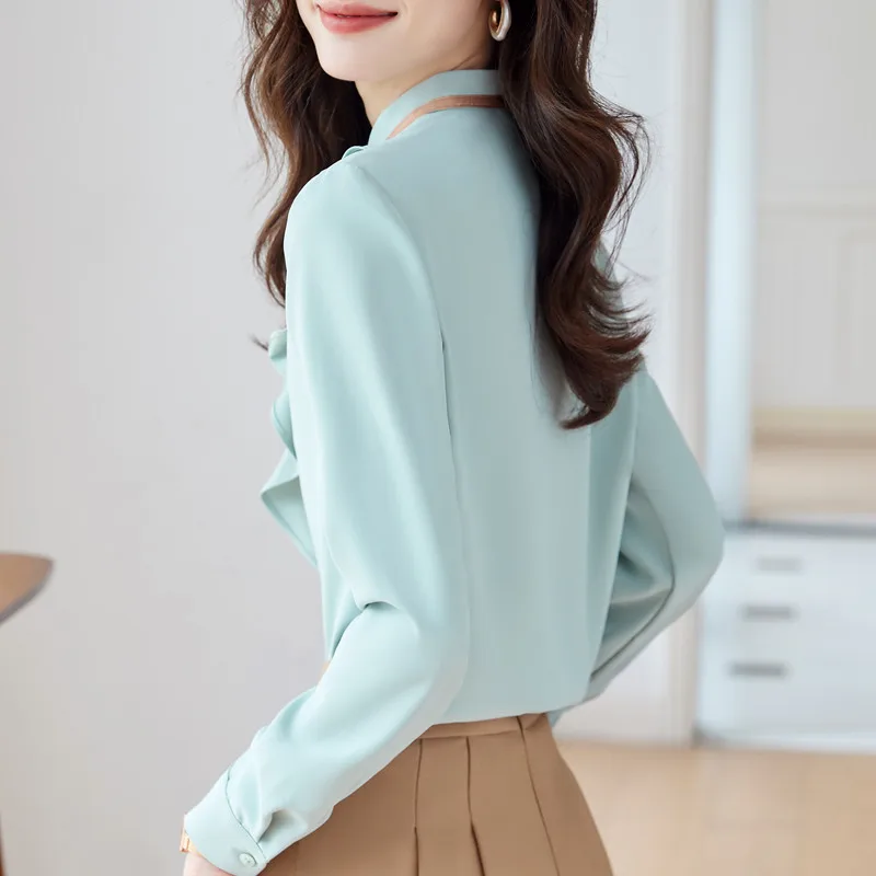 NAVIU Elegant Light Green Shirt Women New Autumn Temperament Ruffles Long Sleeve Formal Blouses Office Ladies Work Tops White