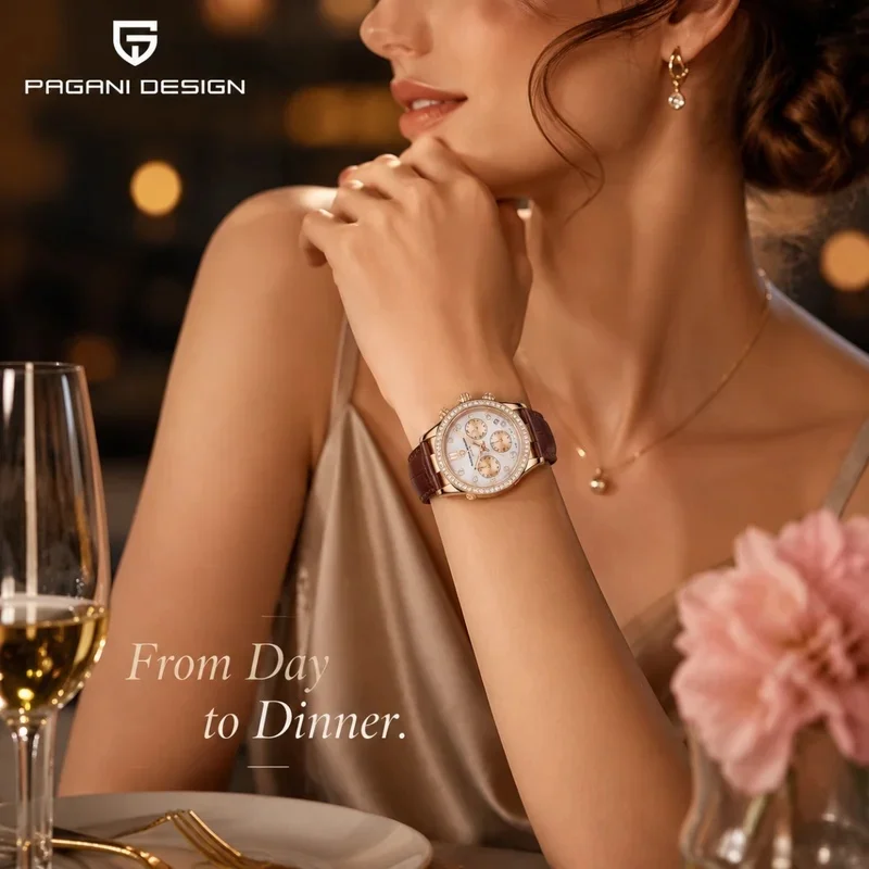 Pagani Design Women's Quartz Chronometer Watch Rose Gold Diamond Bezel Sapphire Glass Brown Leather Strap Japanese Movement