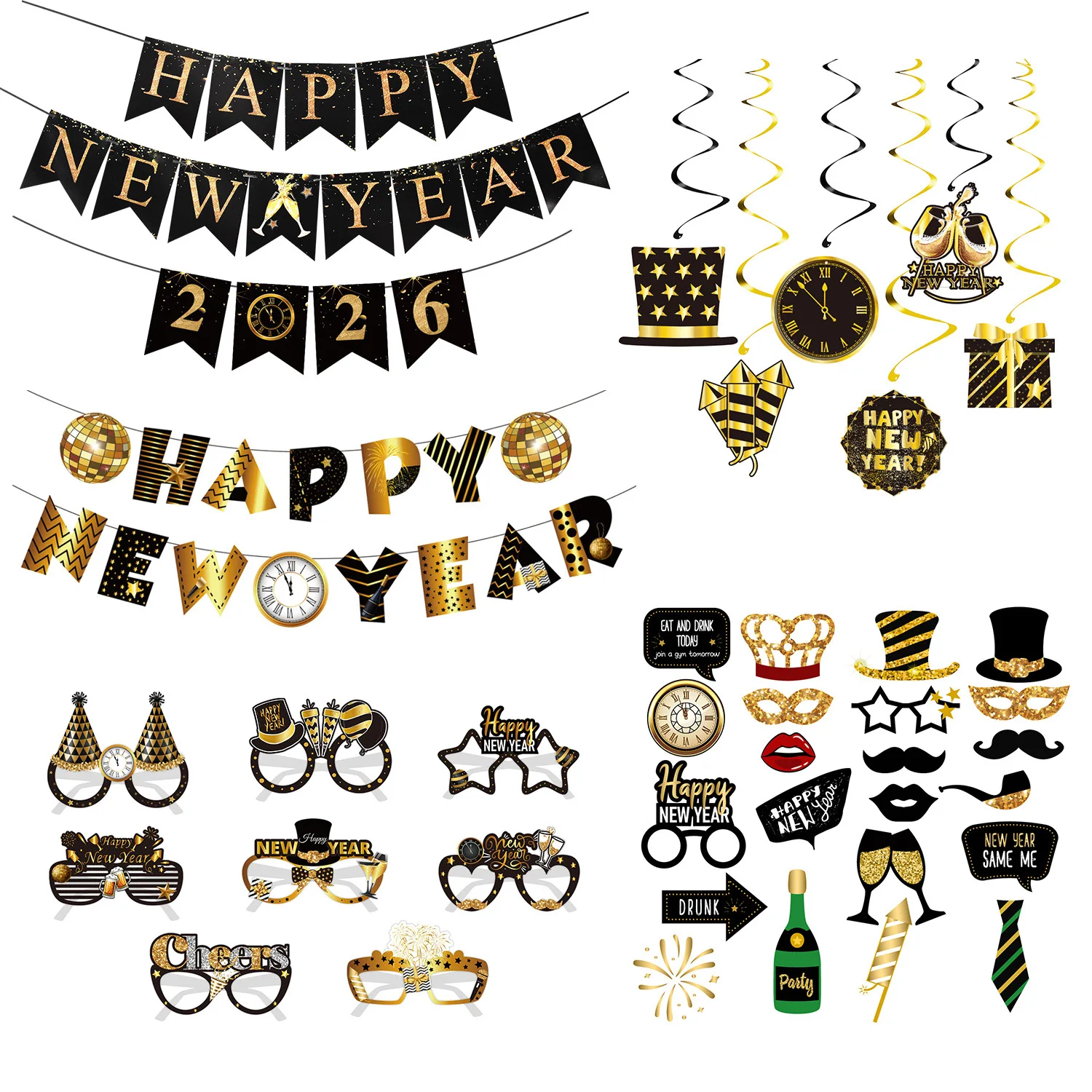 2026 Новогодний баннер, цветок, тянущий с Новым годом, спиральные вечерние очки, украшения, принадлежности