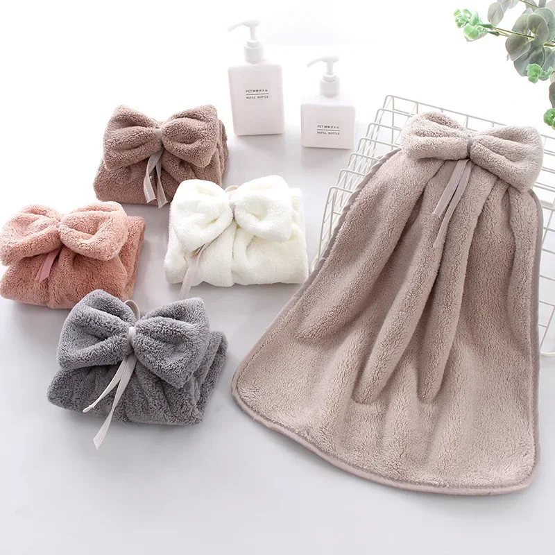 kitchen towel Bowknot Coral Velvet Hand Towel Soft Wipe Dishcloths Hanging Absorbent Cloth Kitchen Tools Bathroom Accessories