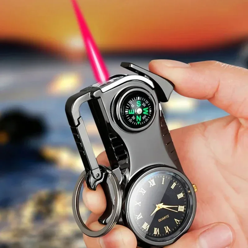 

4 in 1 Compass Lighter with Quartz Watch & Bottle Opener with Colored Lights Clock Windproof Inflatable Cigarette Lighter NO Gas