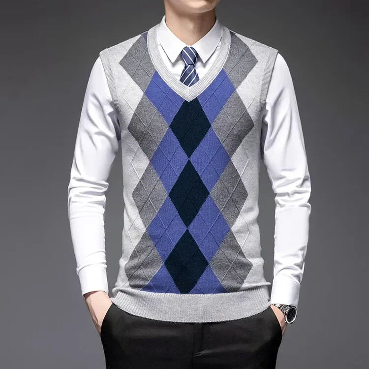 Men's Business Casual Pullover Wear Warm Sleeveless Wool Knitted Sweater Vest Tops