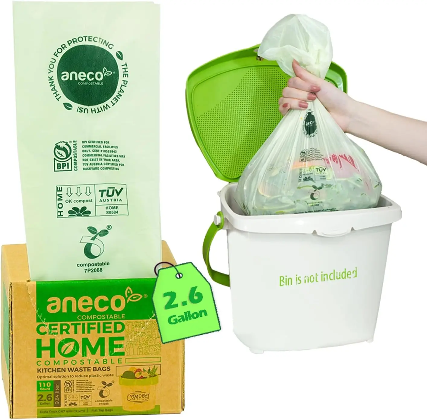 110 Count Compostable Kitchen Bags 2.6 Gallon, Extra Thick for Countertop Bin, Home & Industrial Decomposable