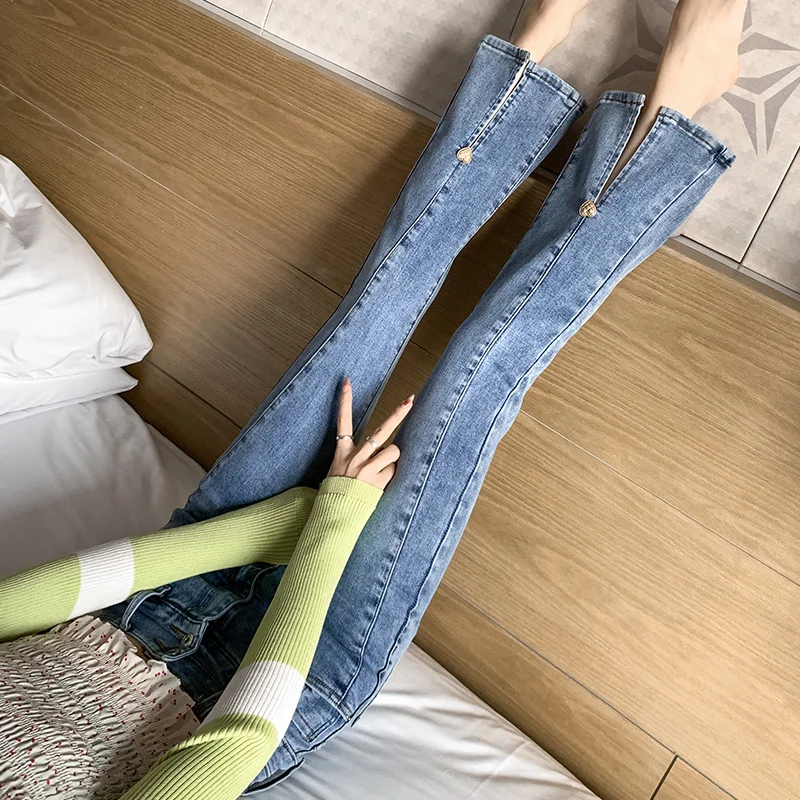 

Расклешенные джинсы с высокой талией, женские дизайнерские брюки Sensation Small ence, весна 2025, Новое поступление, хлопковые эластичные джинсовые прямые брюки