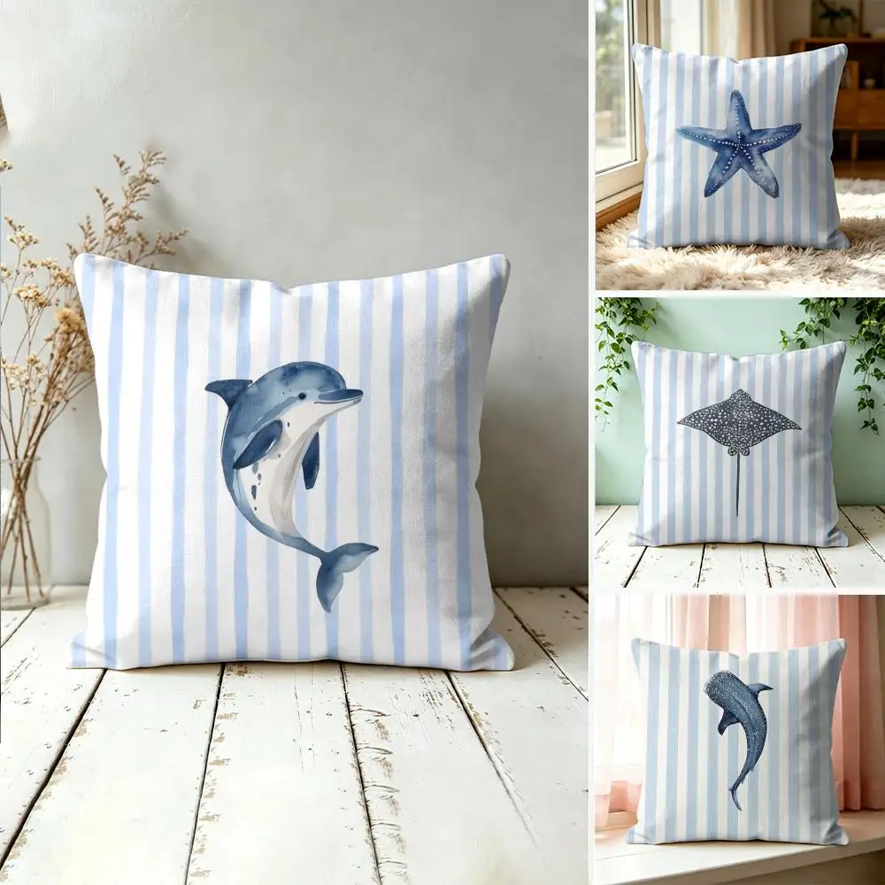 Simple Striped Marine Animals Cushion Cover Square Short Plush Pillow Case Living Room Sofa Home Decor Funda 40X40