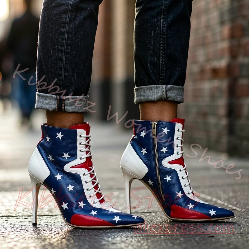 Star Lace Up Ankle Boot Stiletto Women Pointed Toe Side Zip Patchwork Leather Patriotic Party Stage Punk Alternative Fashion New