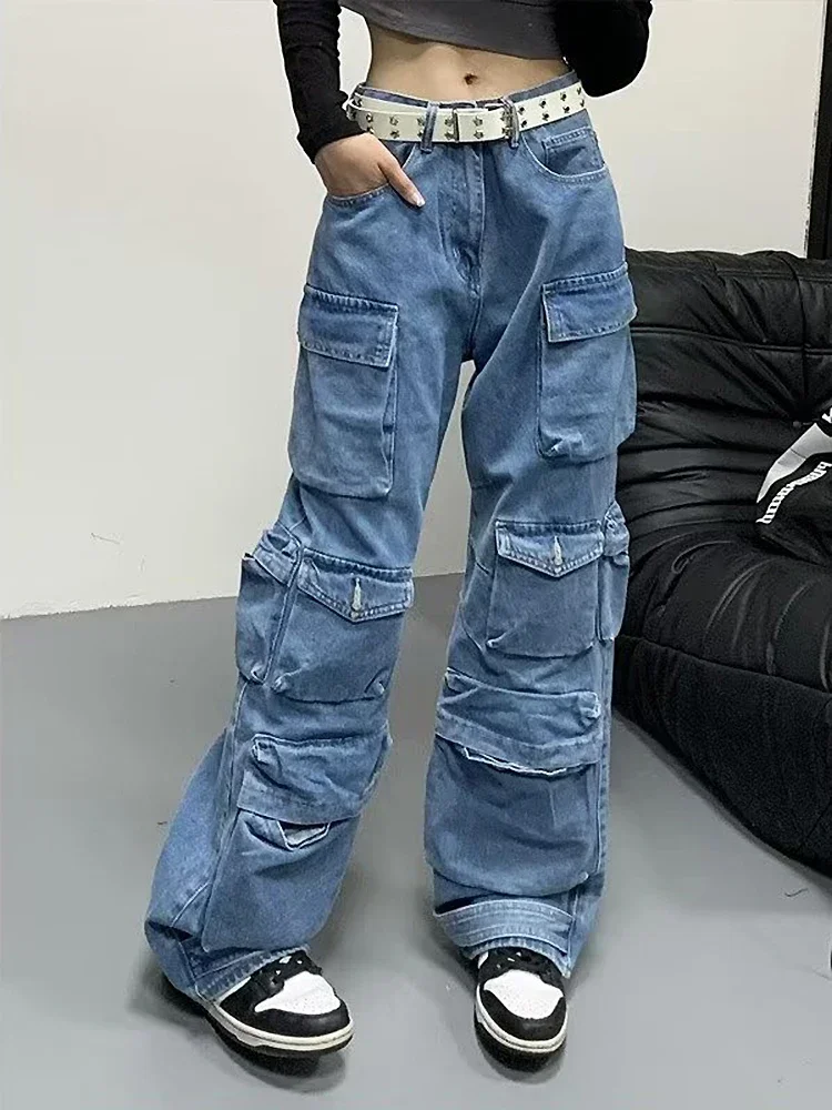 

2025 New Women's Baggy Wide Leg Jeans Multi-Pocket Design Cargo Pants Harajuku Y2K Streetwear Ladies Fashion Trousers