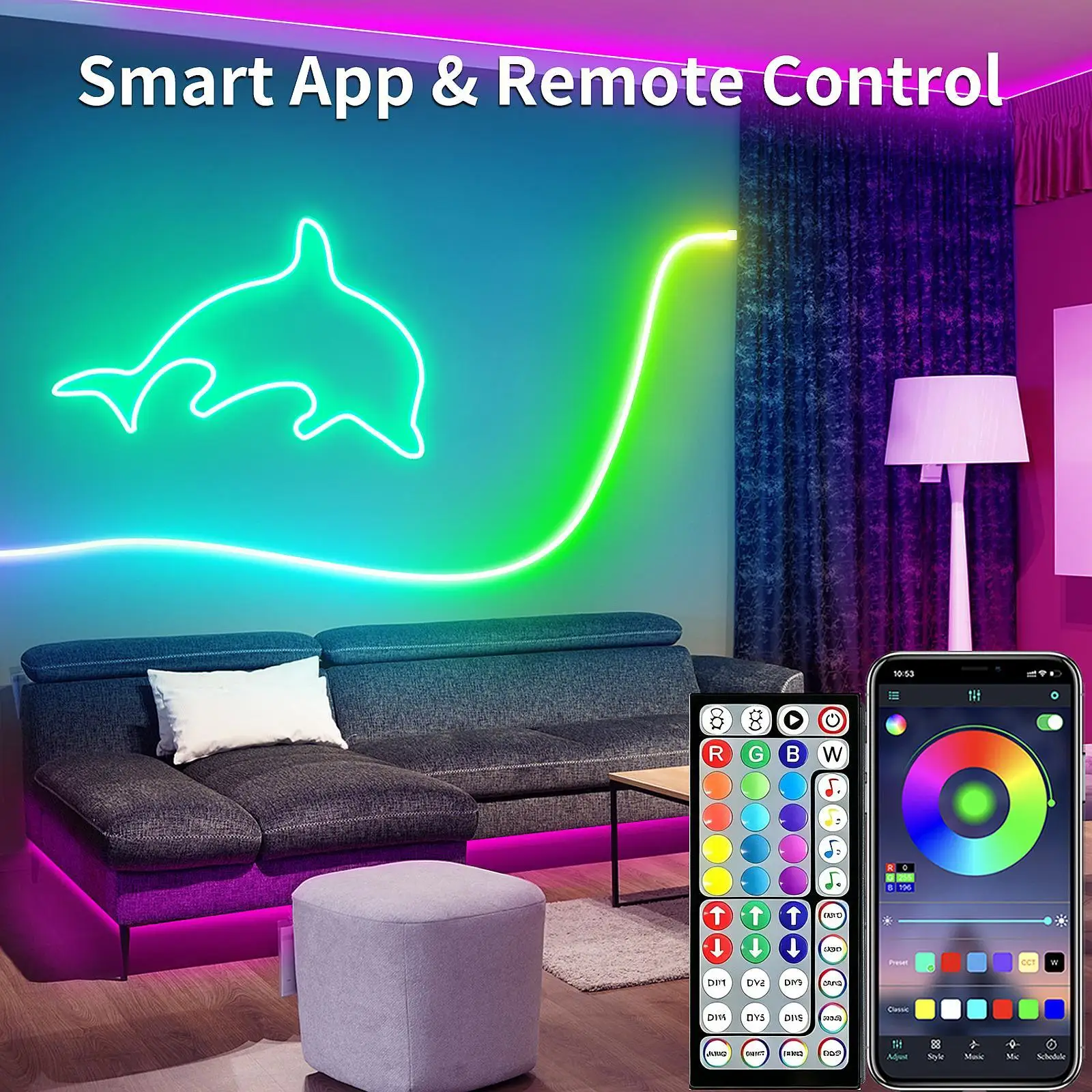 LED Neon Rope Lights LED Rope Lights Waterproof Adjustable Brightness with Remote Control LED Strip for Bedroom Playroom Yard