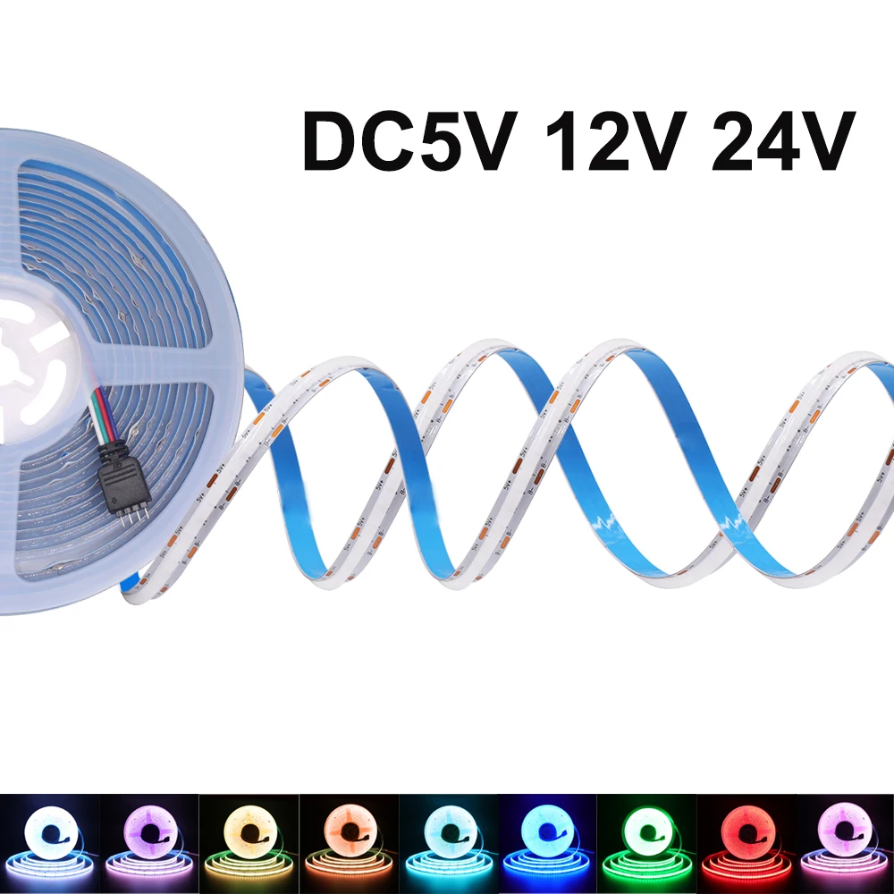 RGB COB LED Strip Light High Density 576LEDs/M Flexible LED Tape Light Dimmable Linear Ribbon DC5V 12V 24V 1-5M/Roll Room Decor