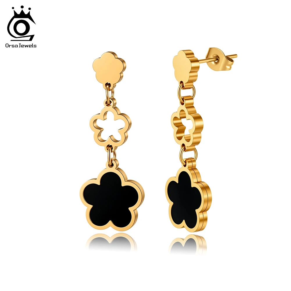 ORSA JEWELS Stainless Steel Waterproof Black Shell Drop Earrings Dainty 18K Gold Plated Flower Shape Temperament Jewelry STME02