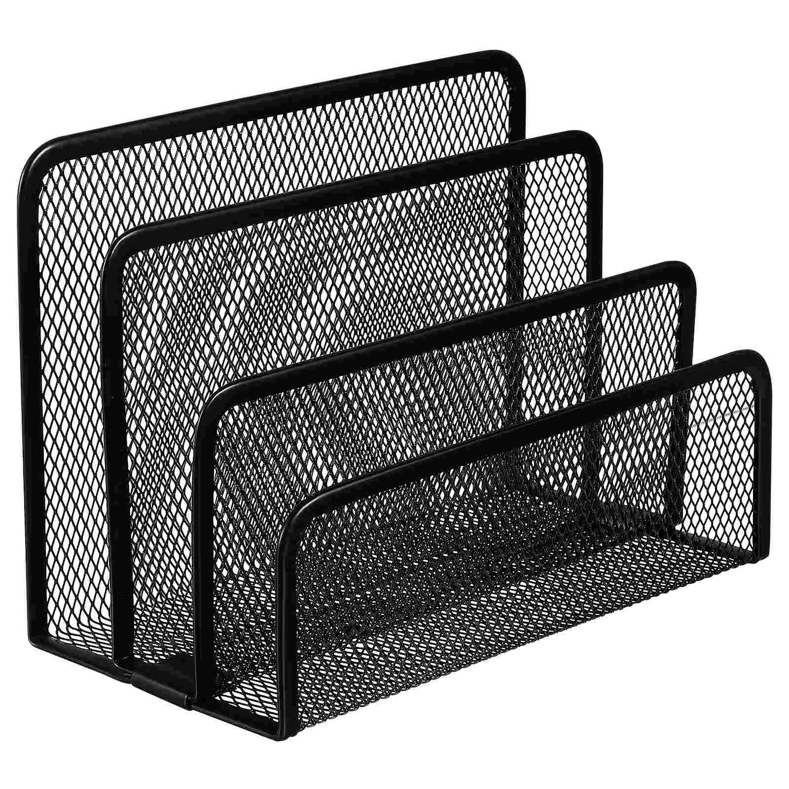 Mesh Letter Format Desktop Bookshelf 174x88x131mm Black Metal File ganizer Brochure Holder Three Section Easy Access