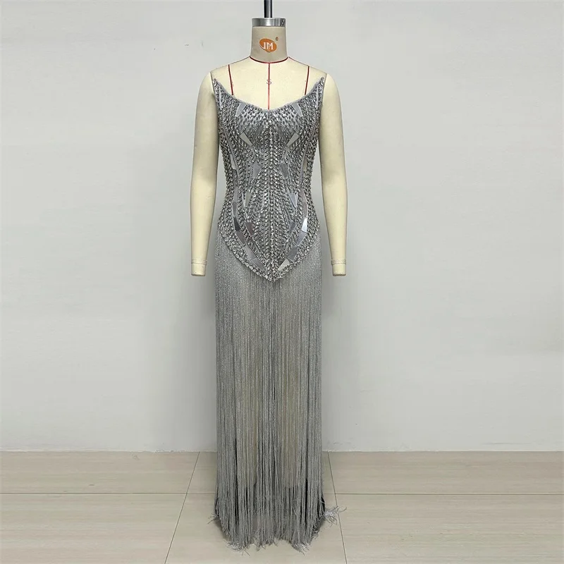 Silver Spaghetti Strap Rhinestone Prom Dress Fringe Mermaid Bodycon Maxi Party Gown Figure‑Hugging Glitter Evening Wedding Robe