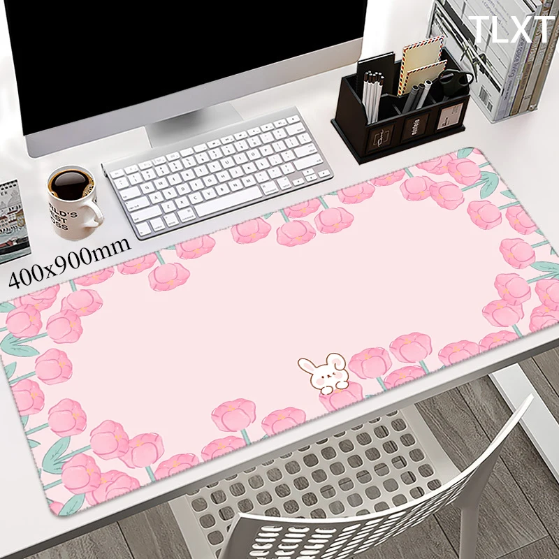 

Kawaii Rabbit Mousepad Large Mouse Pad Computer Pink Deskpad Cute Desk Mat Home Accessories Table Mats 90x40 Locking Edge Carpet