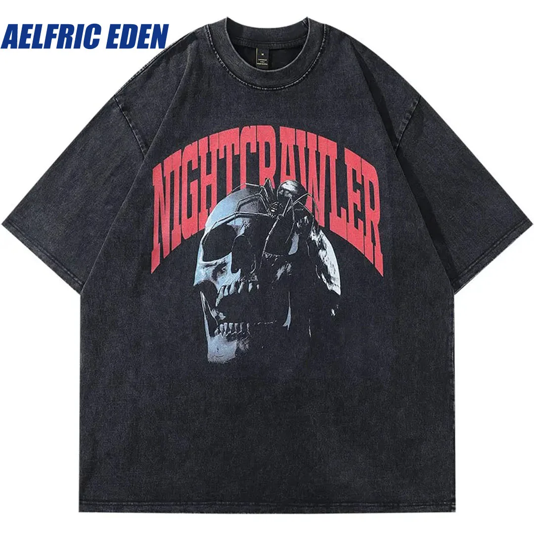 

Aelfric Eden Vintage Men Tshirt Hiphop Spider Skull Skeleton Print Oversized Washed T-Shirt Harajuku Fashion Punk Gothic Tee Top