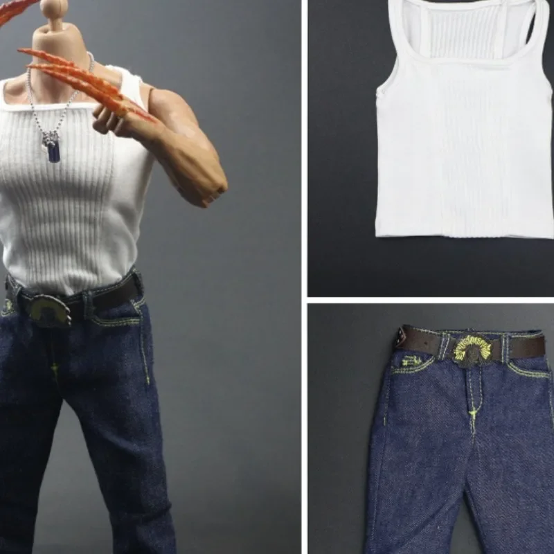 1/6 Scale Male Jeans Pants Trousers Belt White Top Vest T-shirt Soldier Clothes Model for 12Inch Ph Tbl JIAOUL Body