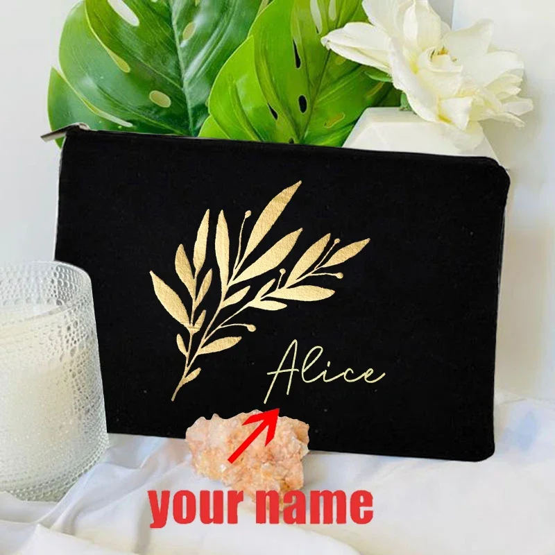 Personalized Golden Leaf Name Customization Party Bridesmaid Gift Birthday Fashion Makeup Bag Travel Wedding Storage Bag