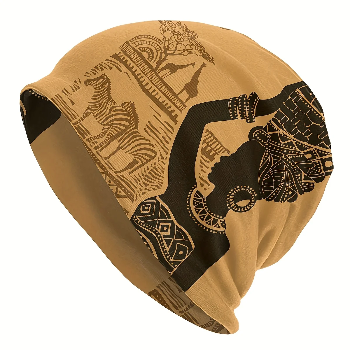 Customization 1pc Unisex Lightweight African Tribal Print Beanie Hat - Elastic Polyester With Zebra & Giraffe Motifs, Yellow Cul