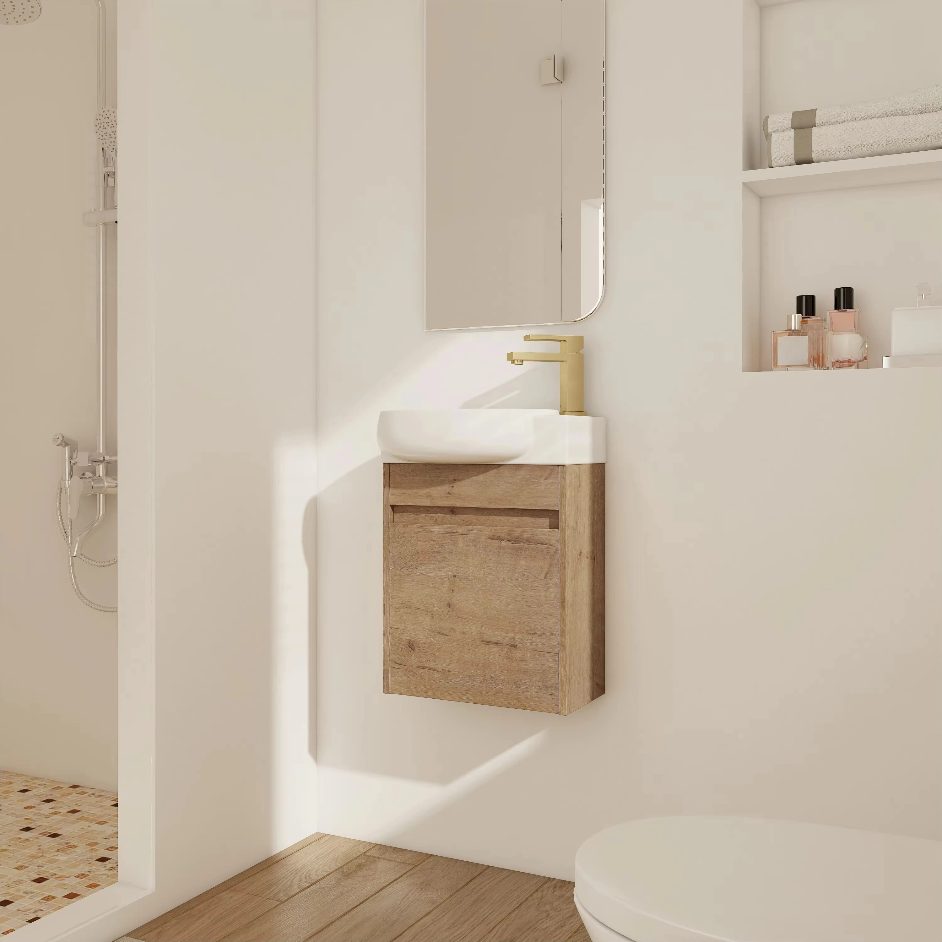 Bathroom Vanity&Sink, Floating Plywood Cabinet with Soft Close Door, Ceramic Sink, Pre-assembled, Imitative Oak