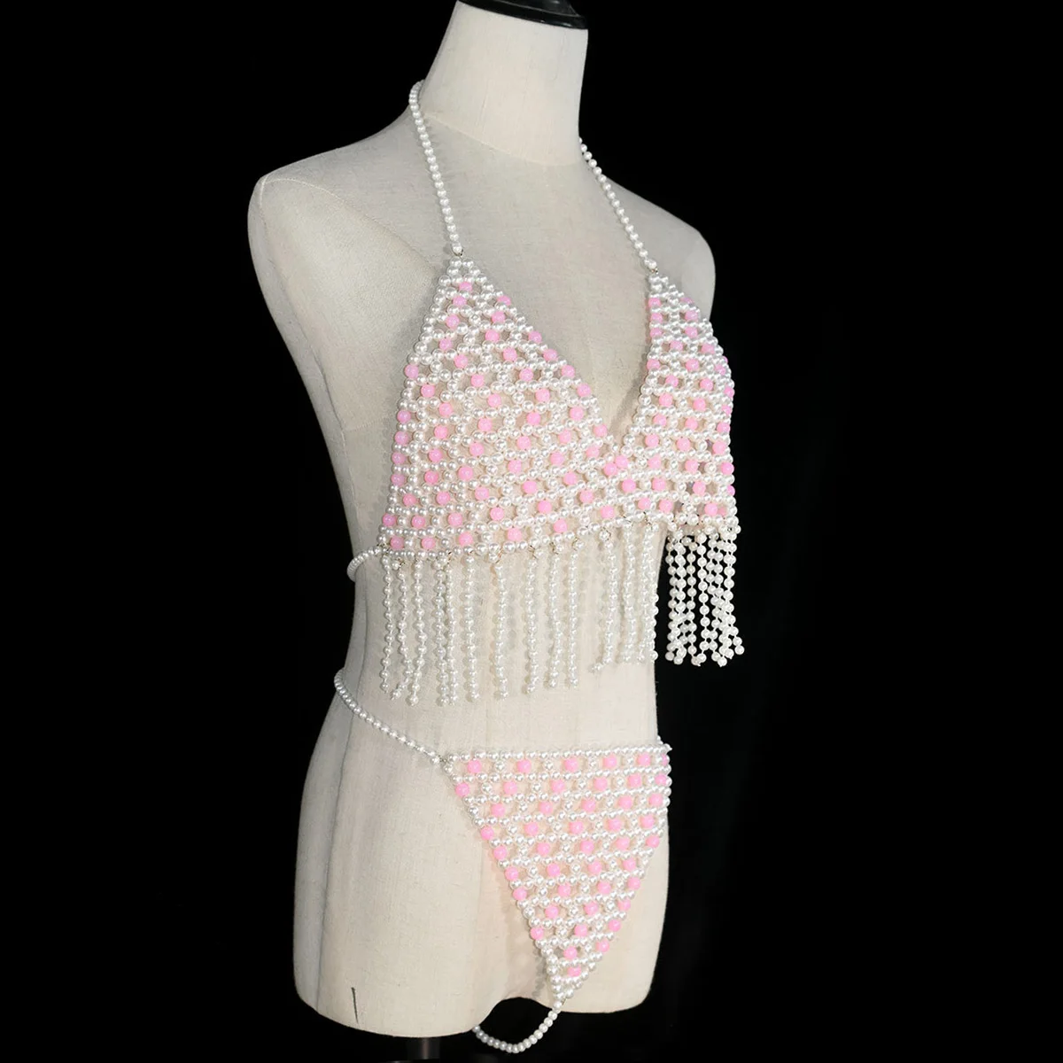 Bikini Halter Neck Tassel Bottom Tops and Harness Suspender Briefs Swimsuit, Imitation Pearl Beaded Bodychain, Sexy Fashion