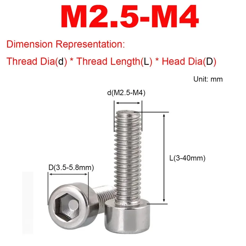 

304 Stainless Steel Small Head Cylindrical Hex Socket Screw Smooth Non-Knurled M2.5 M3 M4