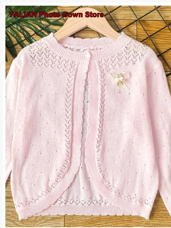 Girls Hollow Out Pure Cotton Knit Spring Summer Autumn Long Sleeve Air-Conditioning Shirt Dress Overlay Vest Long Sleeves
